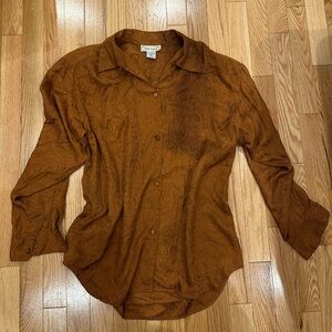 Silk Land Copper Brown Paisley Shirt Button Up Long Sleeve 100% Silk